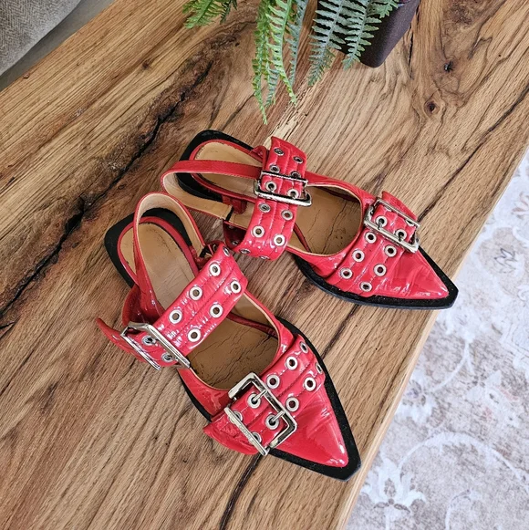 Ganni Chunky Buckle Ballerina Racing Red Slingback Flats / Sandals - Picture 12 of 13
